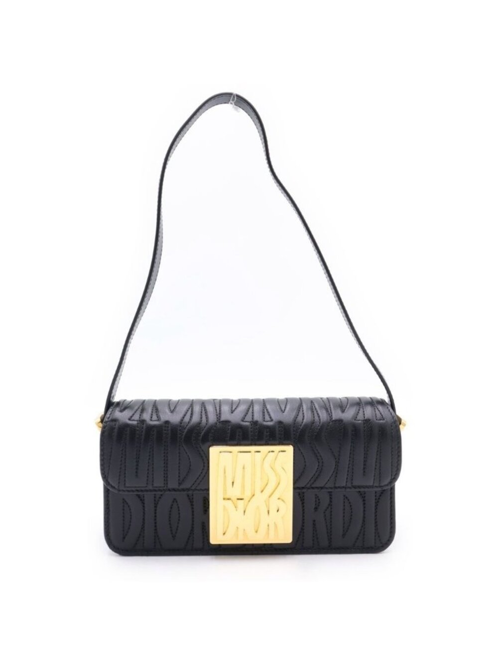 Dior Miss Dior All Over Logo Plate Leather Flap Shoulder Bag Gold Black